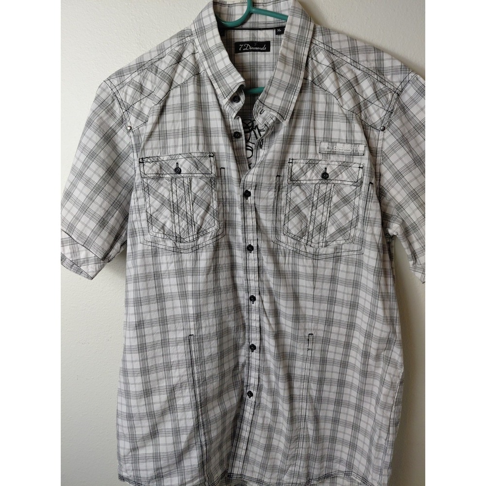 7Diamonds 4-Way Stretch Men's Size XL  Plaid Short Sleeve Shirt 100% Cotton